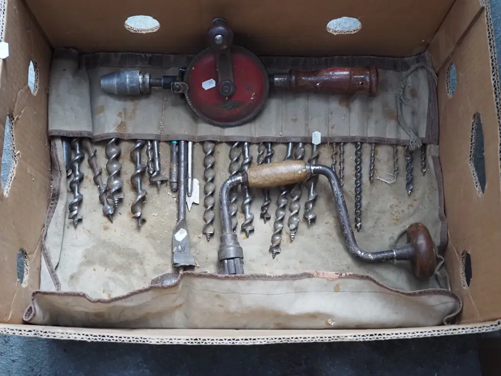 box; auger bits, brace, egg beater dril Image 1++