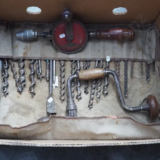 box; auger bits, brace, egg beater dril