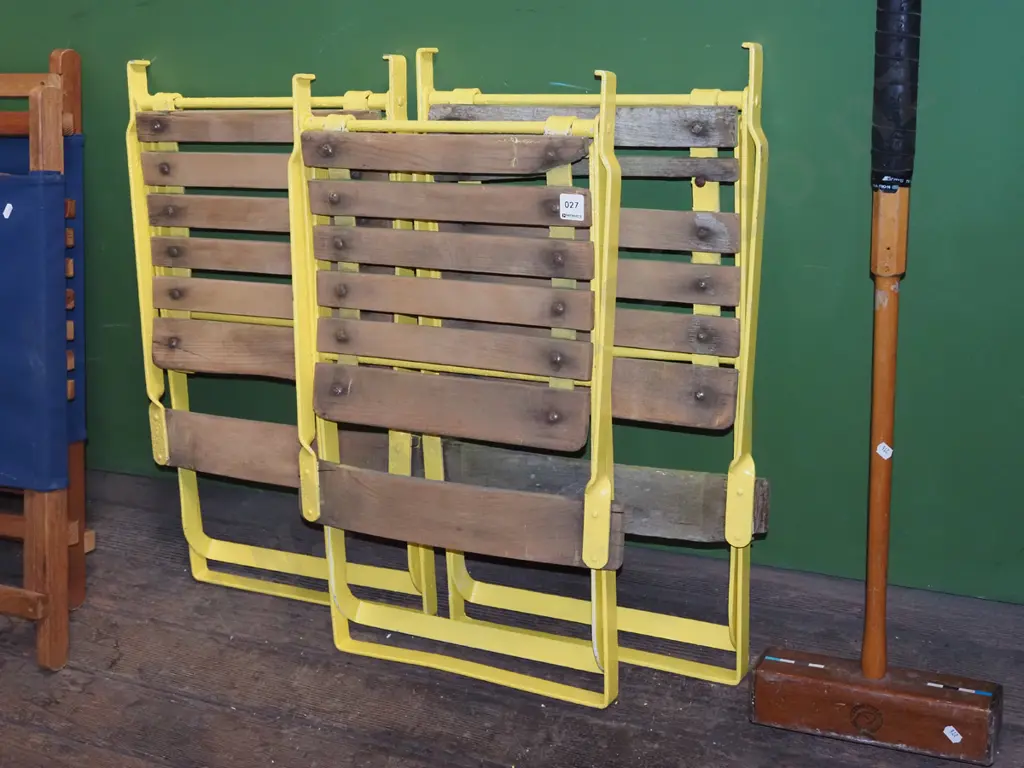 3x  vintage yellow painted metal and wood beach chairs Image 1++