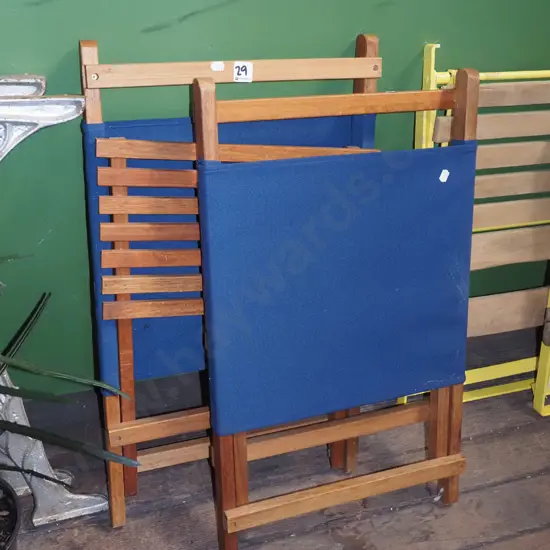 2x wood and blue canvas beach chairs