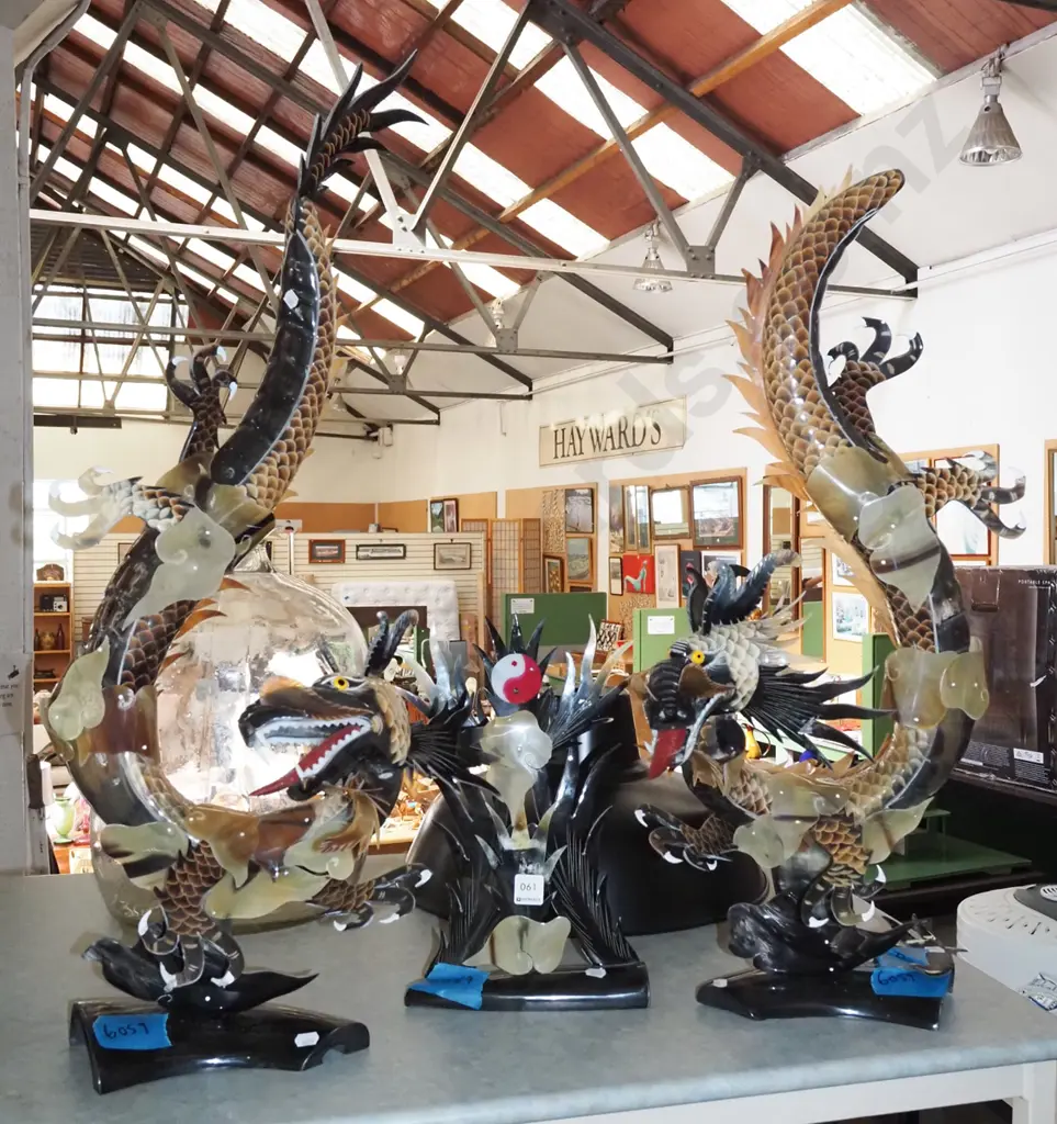 2x  bone dragon figurines, 1x small flame themed figurine Tallest H830 - 1 dragon tail needs repair Image 1++