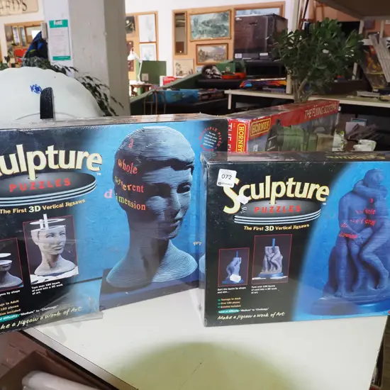 2x boxed sculptural 3D vertical puzzles