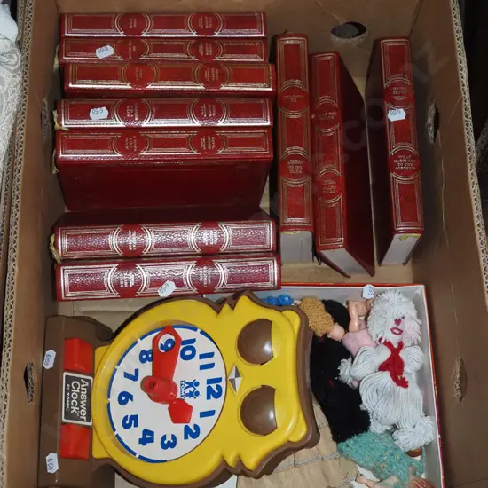 box; Neville Shute books, child's toy clock, dolls