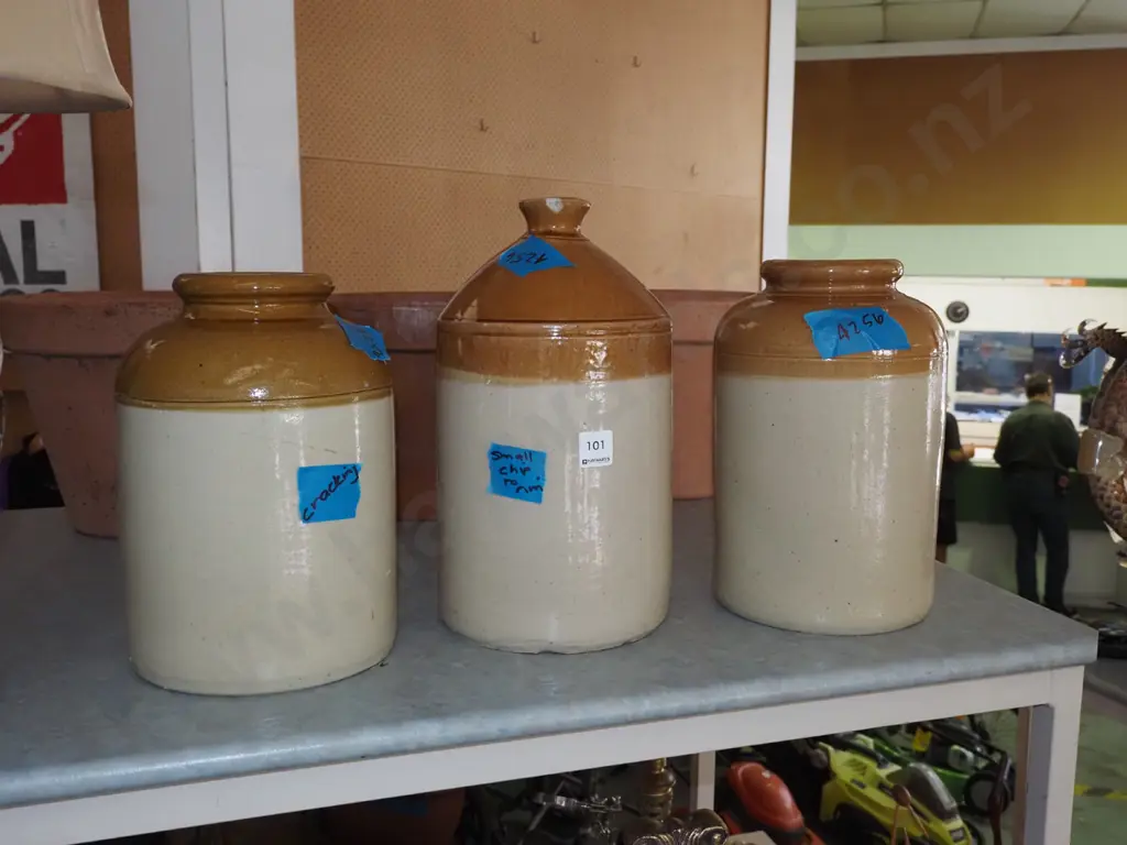 3x salt glazed crocks - all have cracks or chips H315 Image 1++