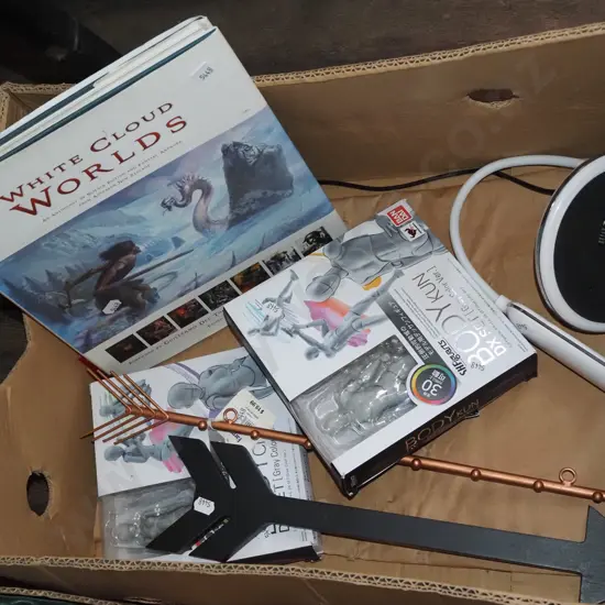 box; LED desk lamp, fantasy books, arrows etc