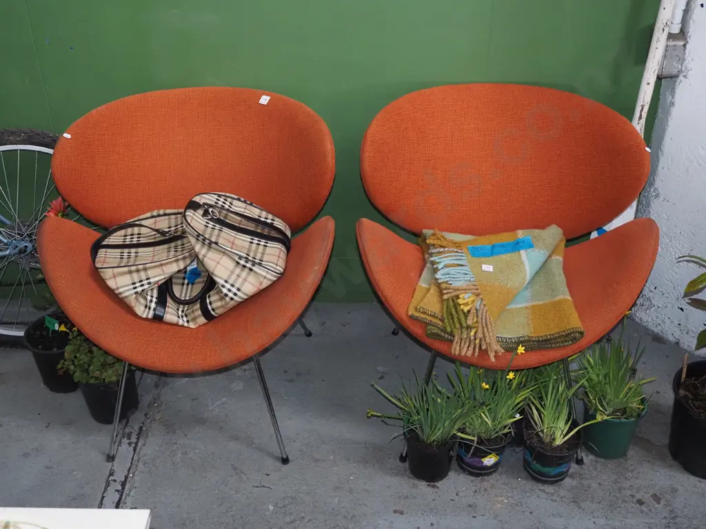 pair of orange upholstered lip chairs - marks to upholstery Image 1++