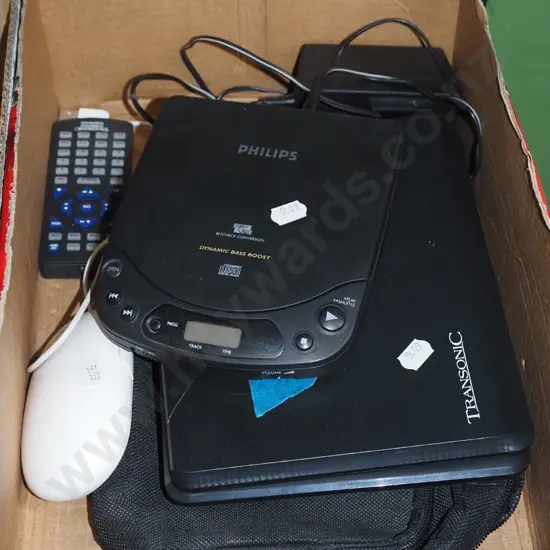 box; Phillips portable CD player, Transonic DVD player - no cord
