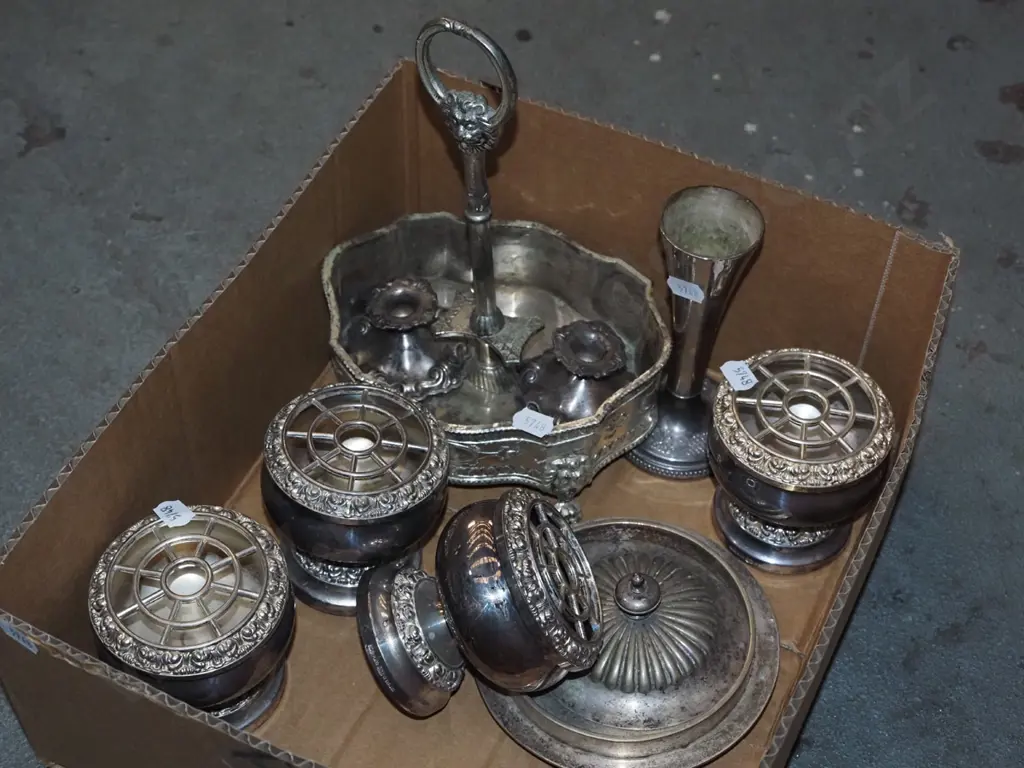 box; plated ware, rose bowls, cruet set stand etc Image 1++