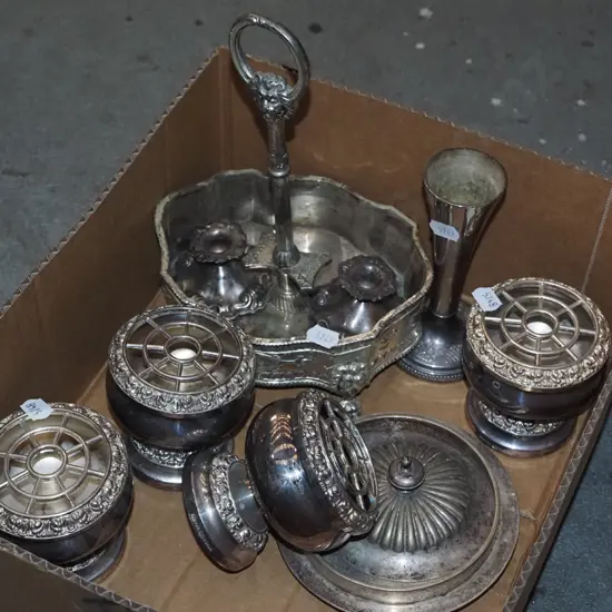 box; plated ware, rose bowls, cruet set stand etc