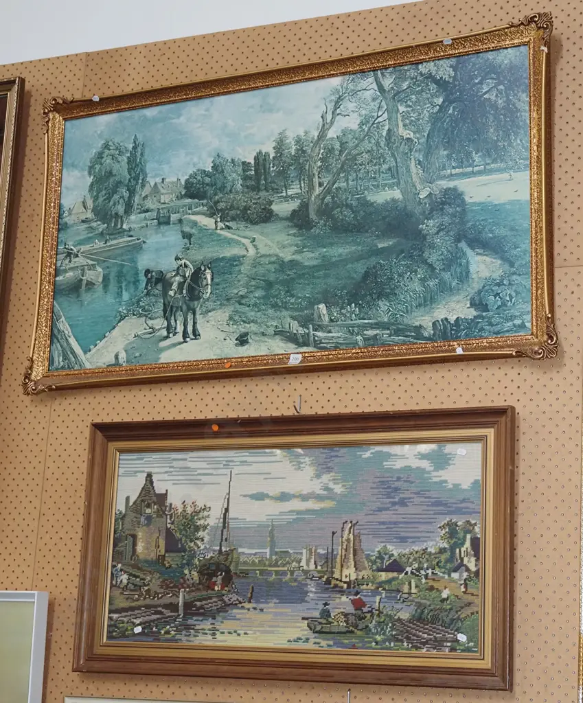 framed needlework, gilt framed Constable print - faded W1200 - orange dots Image 1++