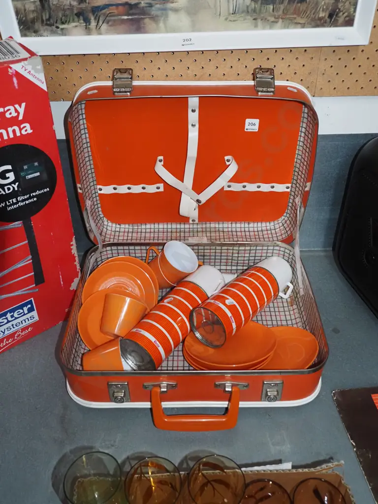 retro picnic hamper and contents; plates, cups etc Image 1++