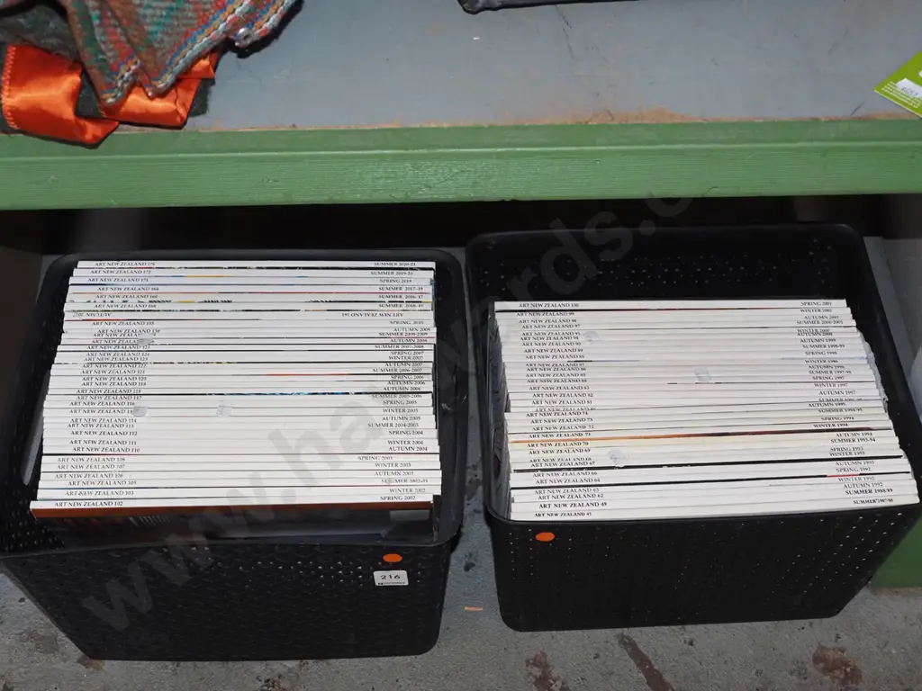 2x plastic baskets with Art NZ magazines Image 1++