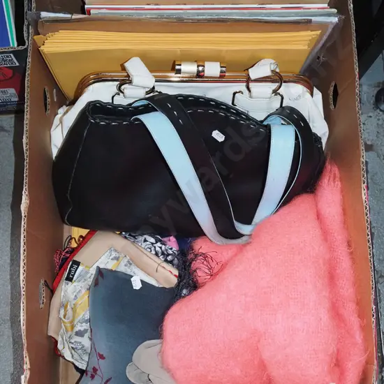 box; hand bags, music books, envelopes etc
