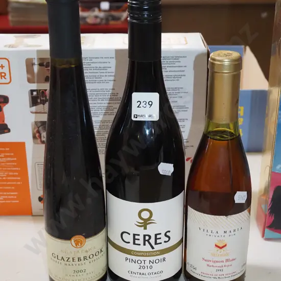 3x bottles of wine; Villa Maria sauvignon blanc 1993, Ceres pinot noir 2010,Glazebrook riesling 2002