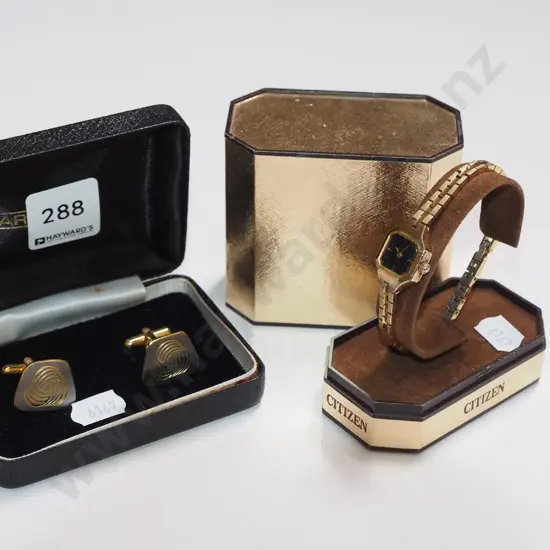 cased Woolmark cufflinks, ladies Citizens watch in case