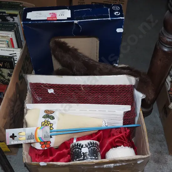 box; fabric pieces, lace, knitting needles etc