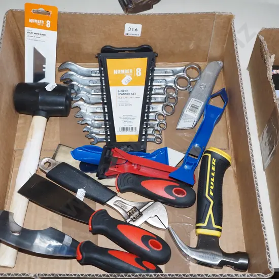 box; tools, hammer, spanner set, craft knife etc