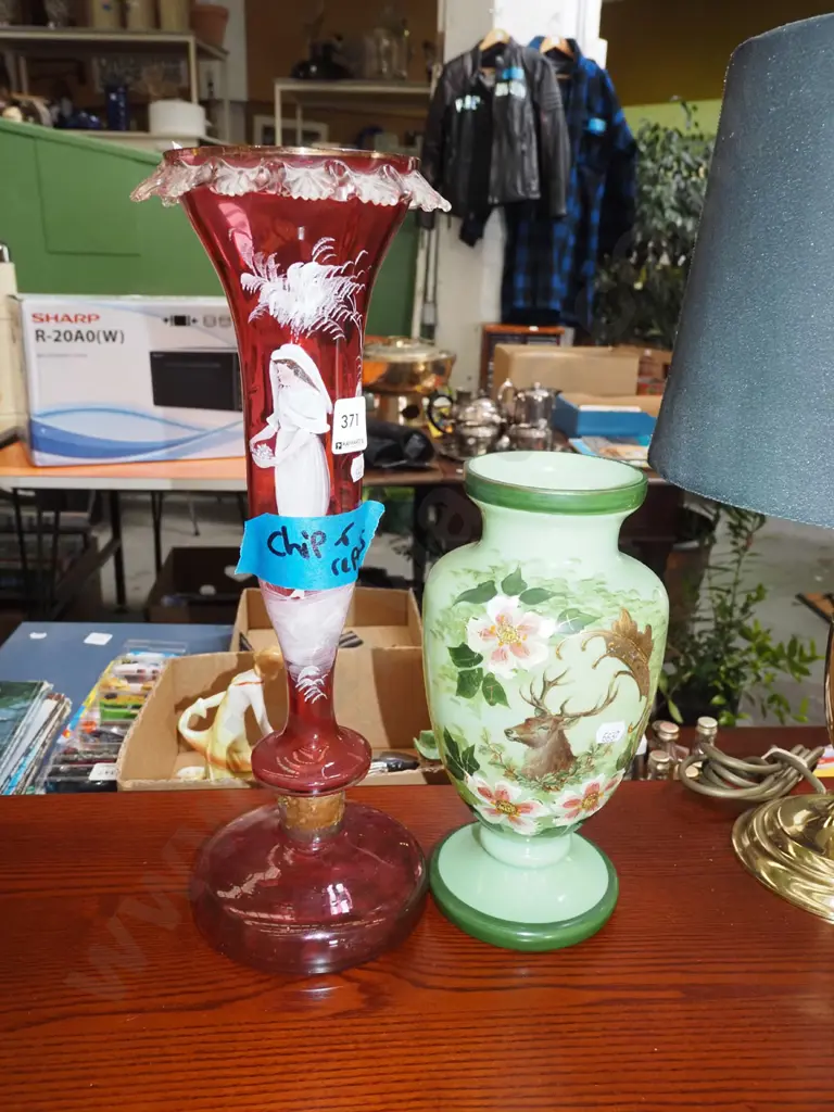 Mary Gregor ruby glass vase- chips and repairs H390, hand painted green glass vase Image 1++