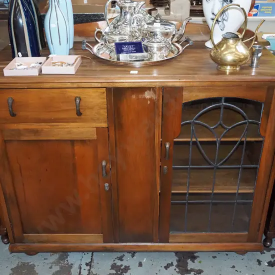 Edwardian sideboard - 1 leadlight,1 solid drawer, 1 door, small triangular mirror on top H990 W1160 D500