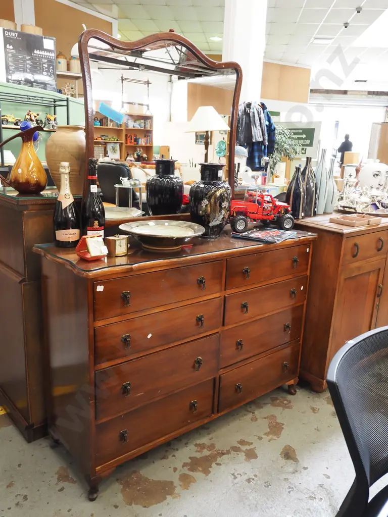 rimu cab leg 8 drawer mirror back dresser - some scratches to front and damage to back H1680 W1210 D410 Image 1++