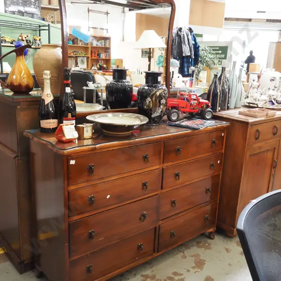 rimu cab leg 8 drawer mirror back dresser - some scratches to front and damage to back H1680 W1210 D410