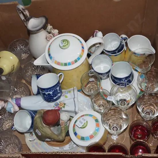 box; stemmed glassware, figurines, tea cups etc