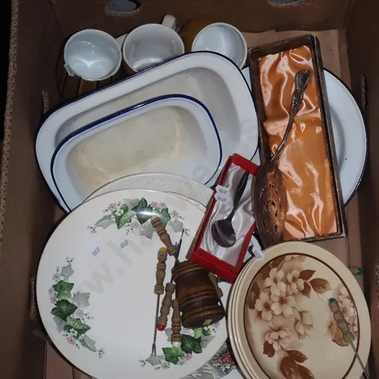 box; enamel ware, coffee cups, bowls plates etc