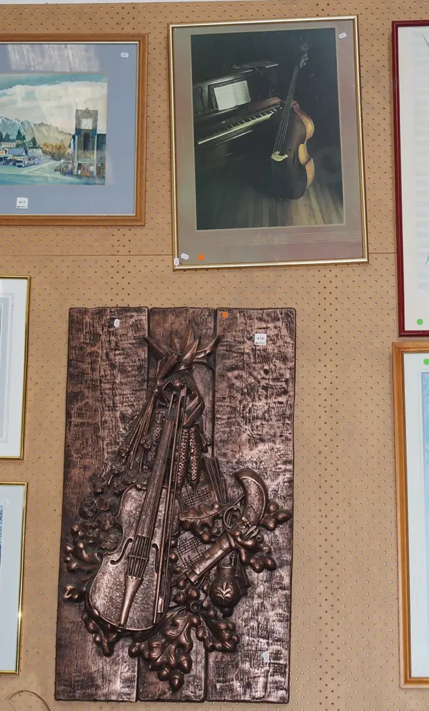 composite 3D wall art - cello, framed print - piano and cello - orange dots Image 1++