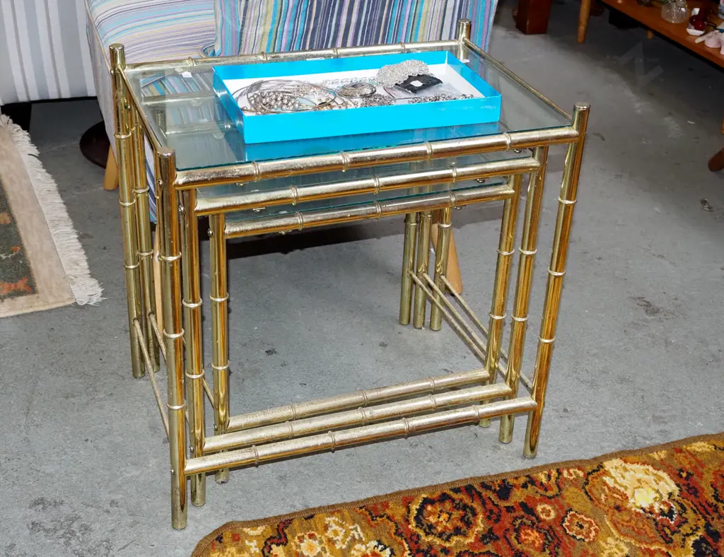 nest  of 3 brass and glass tables - tarnishing and 1 table missing 2 end caps Image 1++