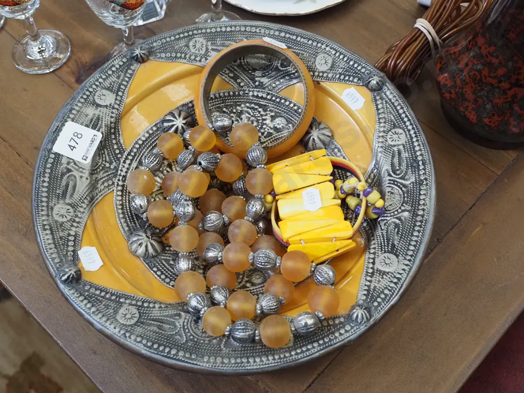 metal and ceramic pressed tin decorative bowl and costume jewellery Image 1++