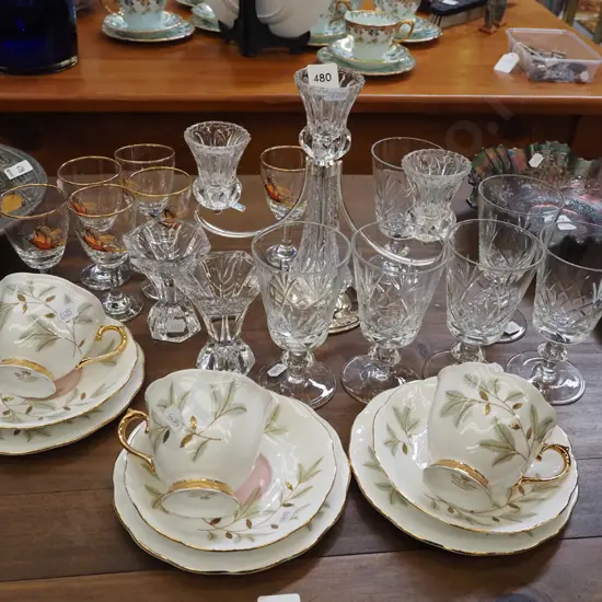 3x Royal Albert Braemar trios, wine glasses, candlesticks etc