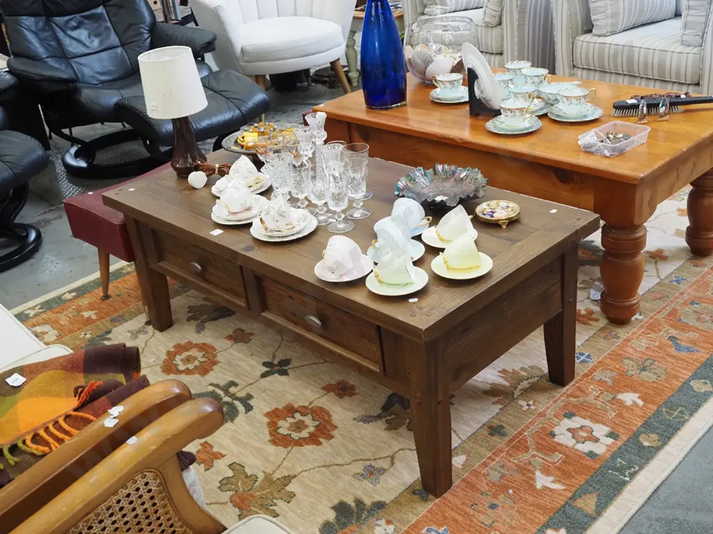 solid pine coffee table with pull through drawers H455 W1200  Image 1++