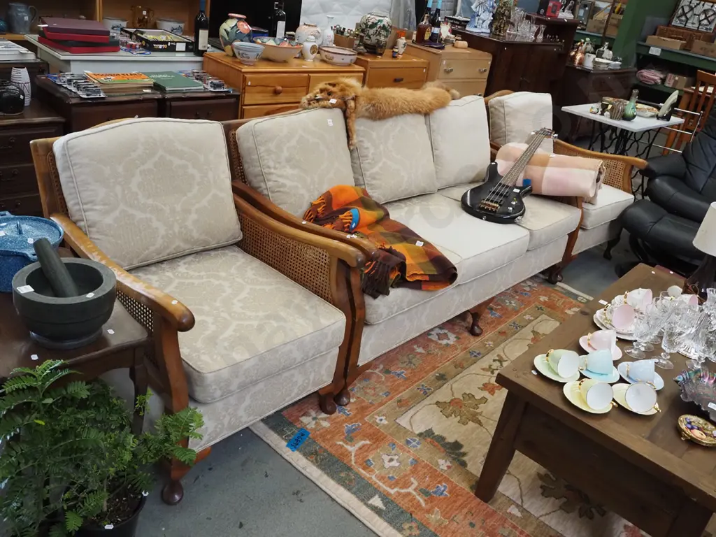 cab leg bergere 3 piece lounge -  3 seater, 2 singles - cane in good condition, varnish light in some areas Image 1++