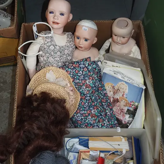 box; part porcelain display dolls, craft supplies etc