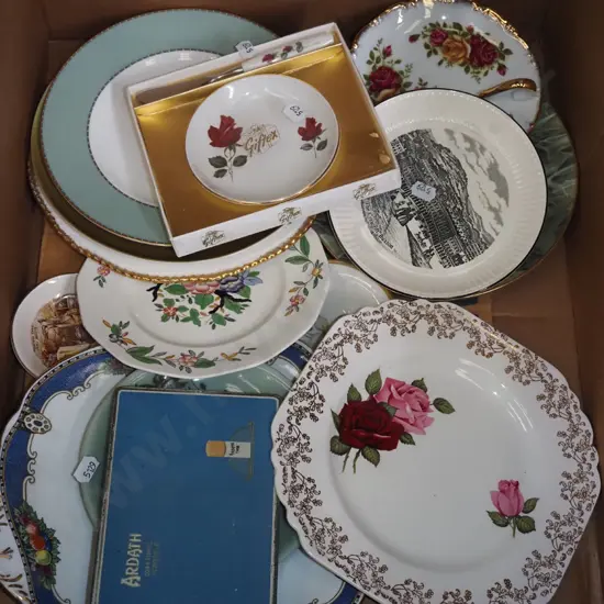 box; various plates, jam dish, tobacco tin