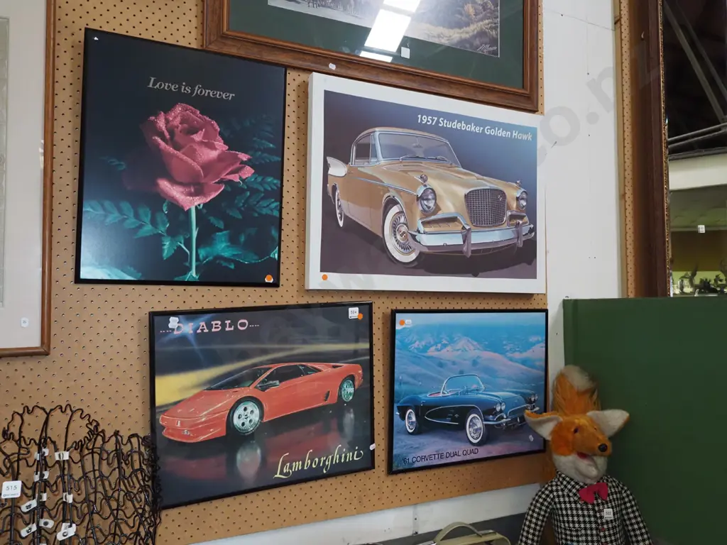 3x automotive prints, 1x rose print on board - orange dots Image 1++
