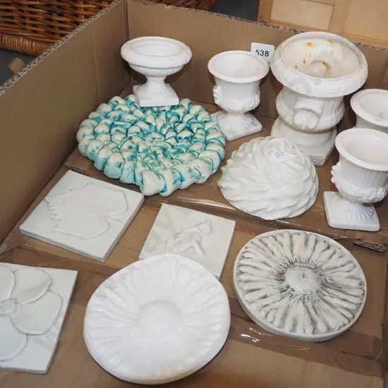 box; vases, pottery tiles etc
