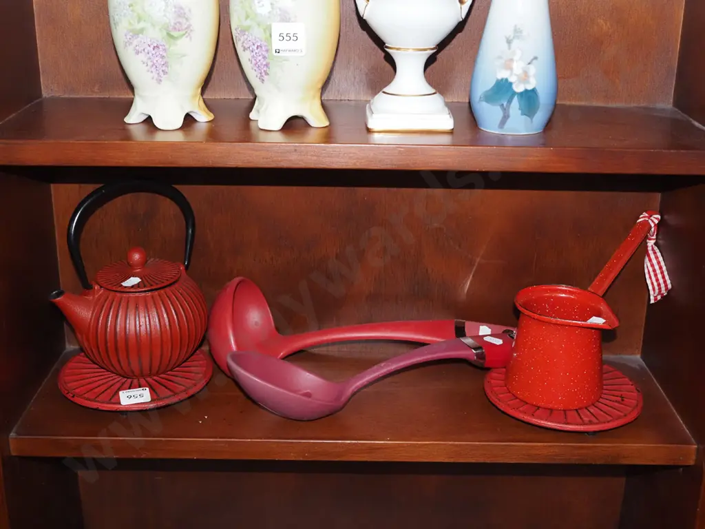 shelf; kitchen utensils, cast iron teapot, enamel  pouring jug Image 1++