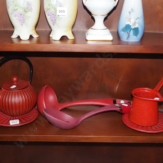 shelf; kitchen utensils, cast iron teapot, enamel  pouring jug