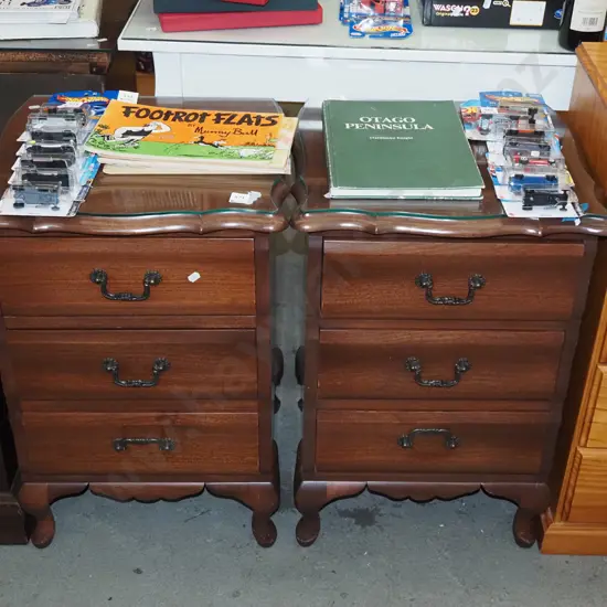 pair of mahogany cab leg 3 drawer bedside cabinets with glass protective tops
