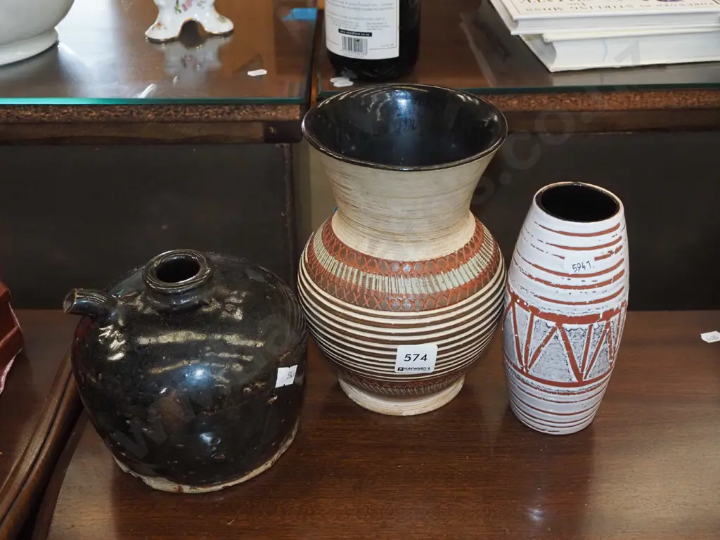 antique Chinese stoneware pouring jar, 2x German pottery vases Tallest has chip to rim H210 Image 1++