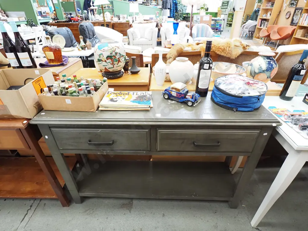 grey painted rustic hall table with 2 drawers and 1 lower shelf H790 W1250 D350 Image 1++