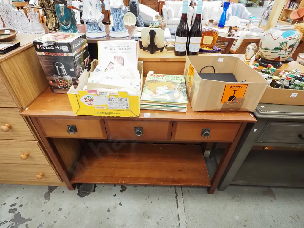 solid pine hall table with 3 drawers with lower shelf - some scratches to top H770 W1120 D405 Image 1++