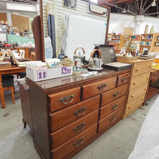 9 drawer solid wood mirror back dresser H1740 W1390 - protective glass top