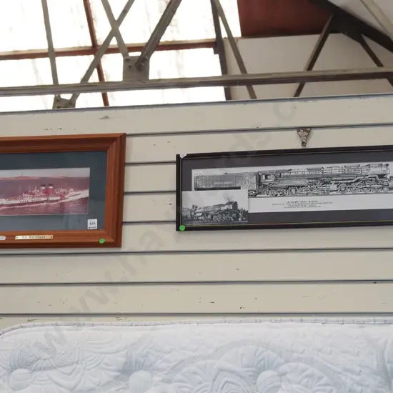 2x framed prints - 1 American train, paddle boat - green dots