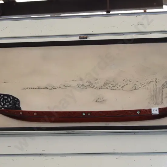 framed hand carved waka with landscape background - background in poor condition