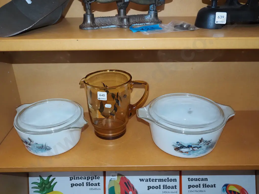 2x milk pyrex glass lidded casserole, amber glass retro water jug Image 1++