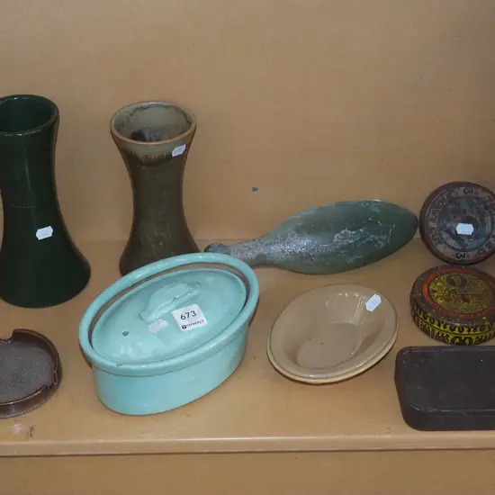 tobacco tins, torpedo bottle, vases etc