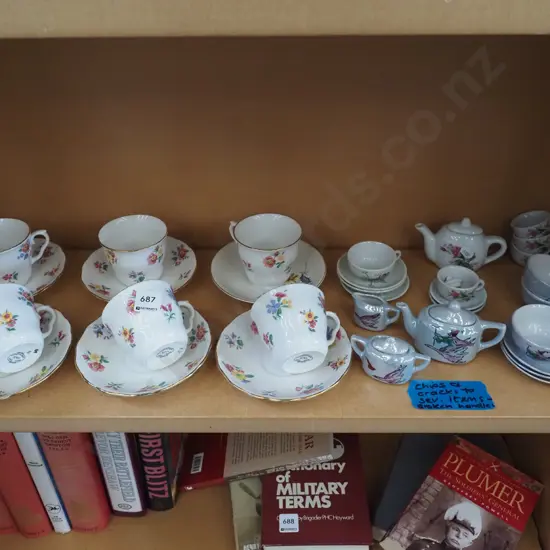 6x floral china cups and saucers, Japanese miniature tea set - chips, cracks, breaks