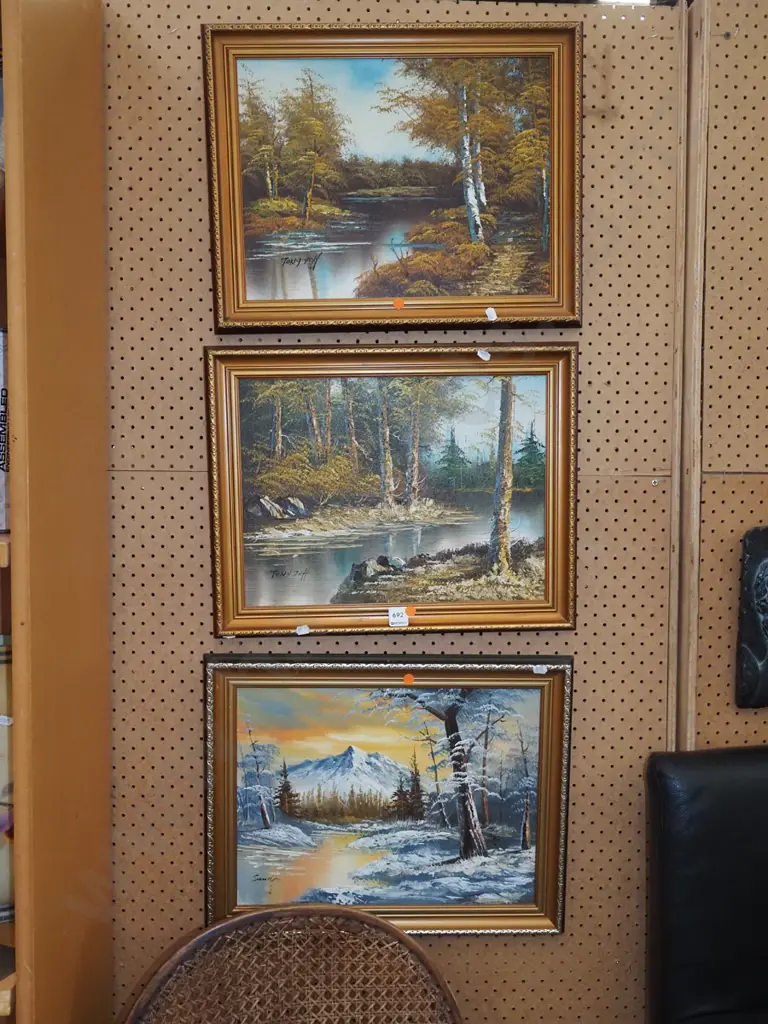 3x gilt framed oils - landscapes- orange dots Image 1++